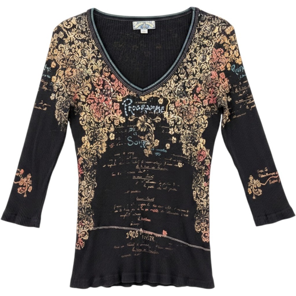 Vanilla Sugar Graphic Top Womens Large Black Y2K Rhinestone Ribbed Floral V-Neck